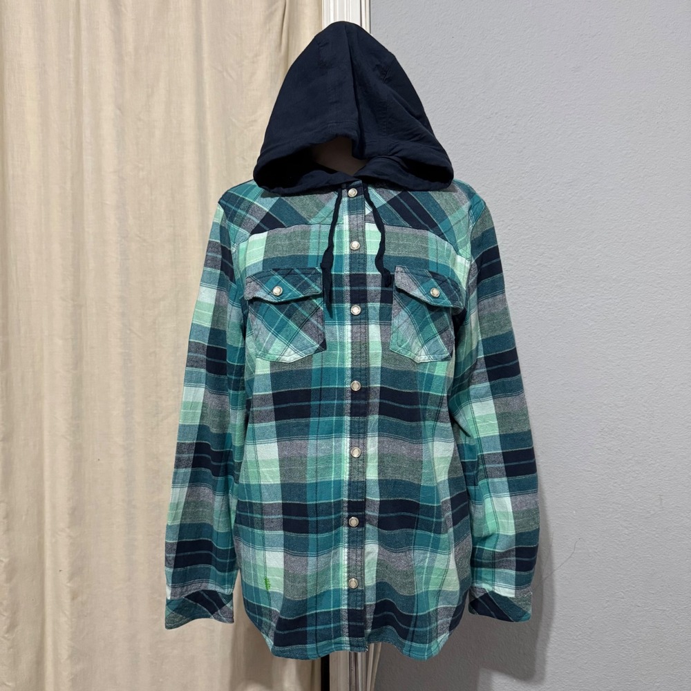 Legendary Whitetails Womens Green Plaid Hooded‎ Flannel Shirt Large 6578 Shacket